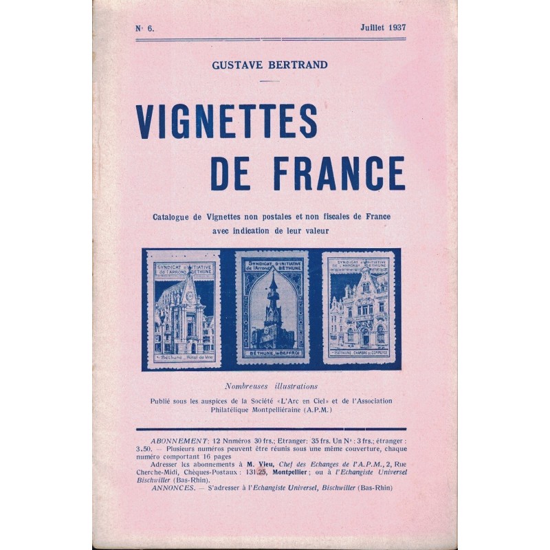 VIGNETTES DE FRANCE - No6 - JUILLET 1937 VIGNETTE DES VILLES DE BELFORT A BOLBEC - GUSTAVE BERTRAND.