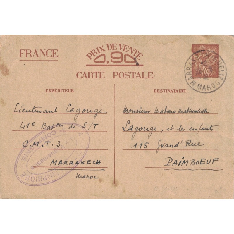 IRIS - MARRAKECH-GUELIZ - MAROC - LE 28-2-1941 - CACHET OVALE 4e BAT. TELEGRAPHIQUE - DESTINATION FRANCE.