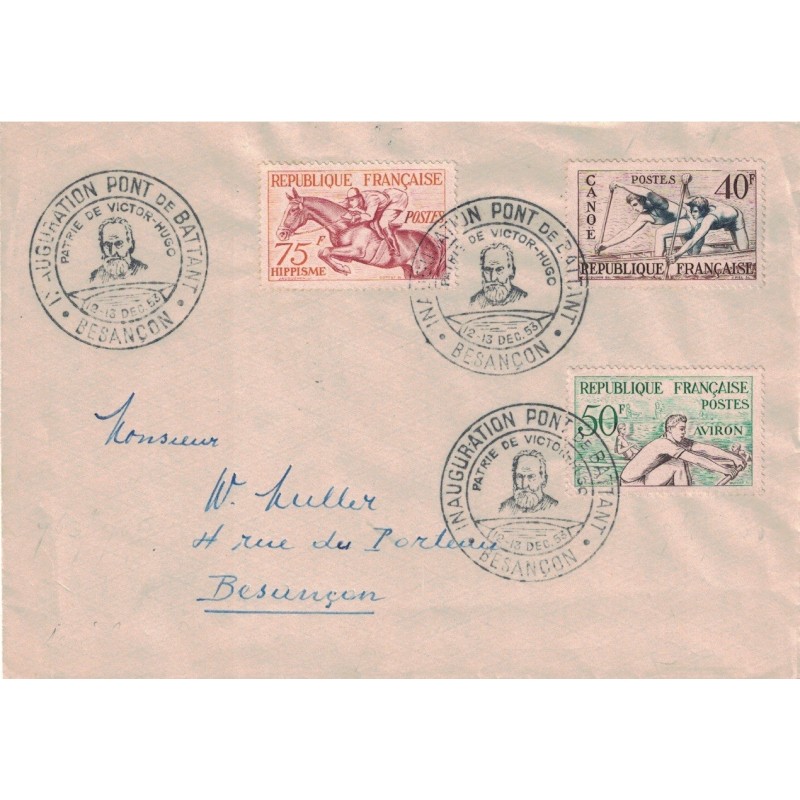 DOUBS - BESANCON - VICTOR HUGO - SPORTS - SERIE COMPLETE N°960-965 - SUR ENVELOPPE 2 ENVELOPPES 12-13 DECEMBRE 1953.