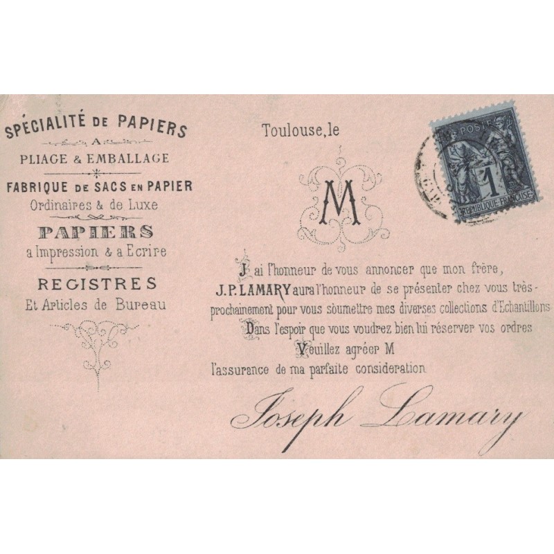 HAUTE GARONNE - TOULOUSE - AVIS DE PASSAGE ILLUSTRE - SAGE 1c SEUL - SPECIALITE PAPIERS LAMARY.