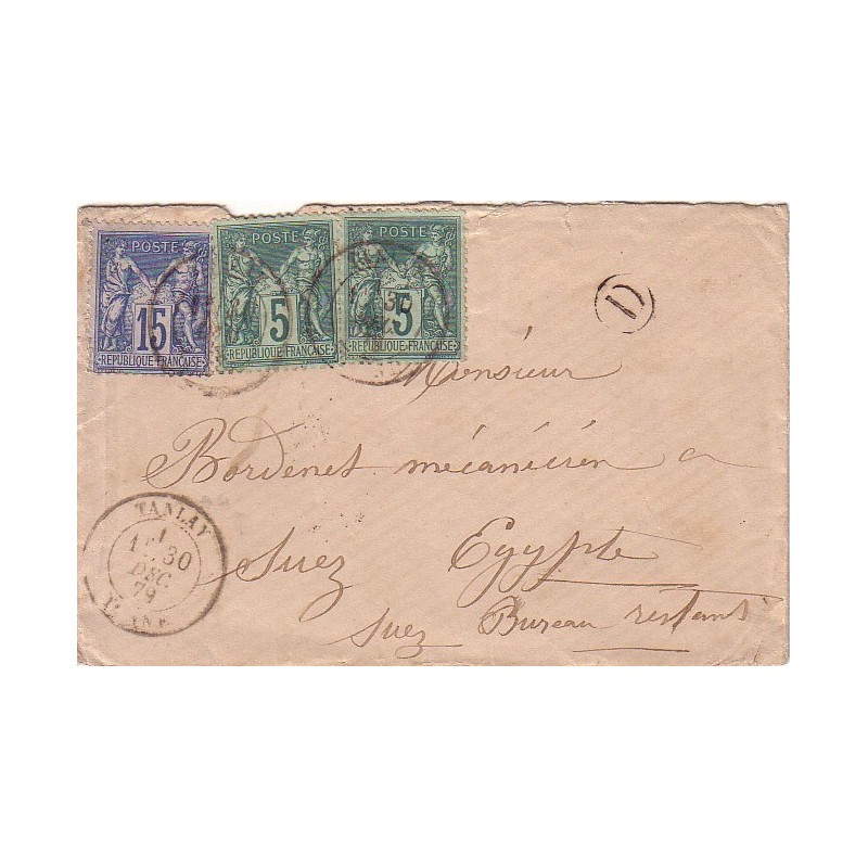 YONNE - TANLAY - SAGE N°75x2+N°90 - LETTRE POUR SUEZ - EGYPTE - BUREAU RESTANT - LE 30-12-1879 - BOITE RURALE D NON IDENTIFIEE.