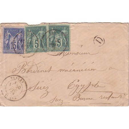 YONNE - TANLAY - SAGE N°75x2+N°90 - LETTRE POUR SUEZ - EGYPTE - BUREAU RESTANT - LE 30-12-1879 - BOITE RURALE D NON IDENTIFIEE.