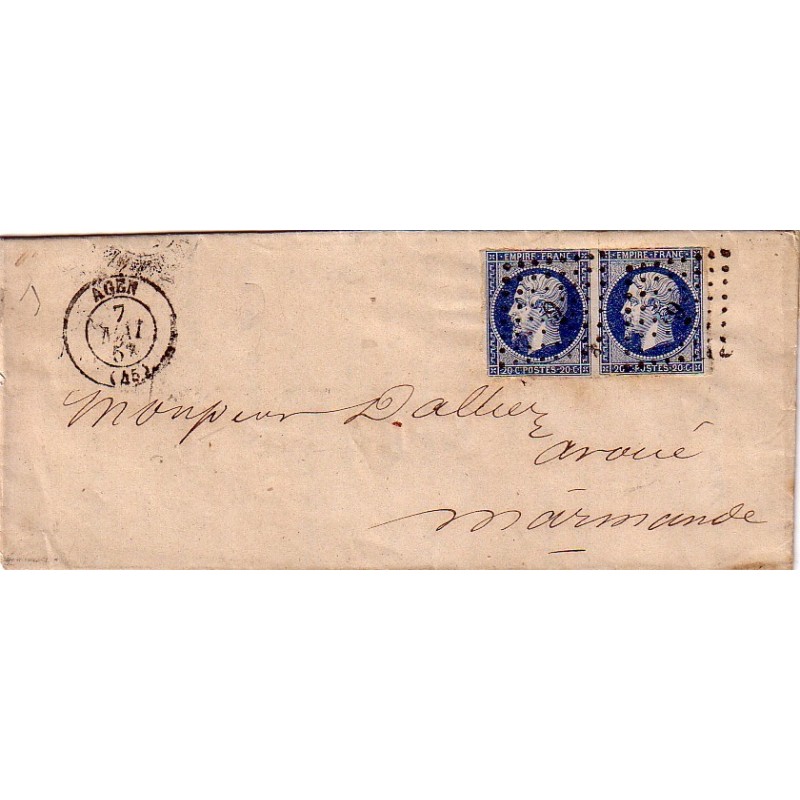 LOT ET GARONNE - AGEN - EMPIRE No14 EN PAIRE - LOSAGE PC9 - 7 MAI 1857