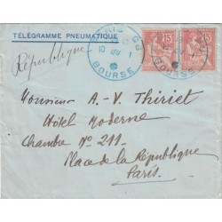 MOUCHON - PNEUMATIQUE - 15c x 2 CACHET BLEU PARIS 98 BOURSE - RARE.