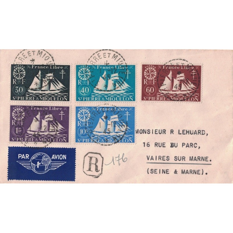 ST PIERRE ET MIQUELON - LETTRE RECOMMANDEE POUR LA FRANCE - LE 1-12-1945 - BEL AFFRANCHISSEMENT.