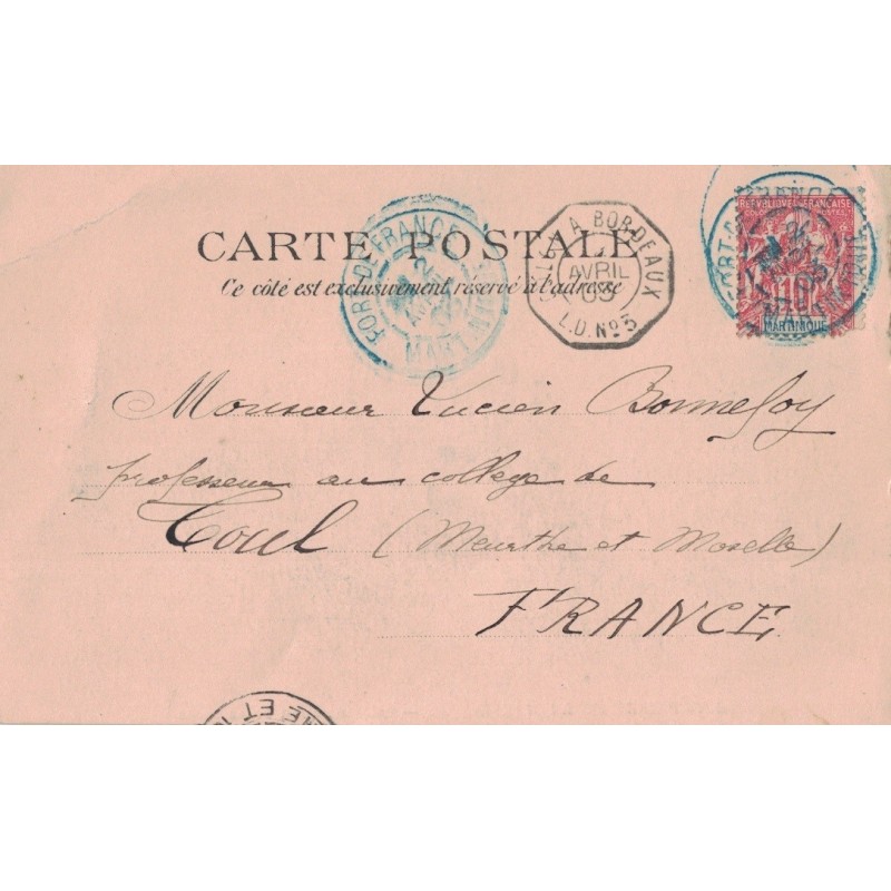 MARTINIQUE - FORT DE FRANCE - 2-4-1903 - COLON A BORDEAUX L.D.No3 - CARTE POSTALE POUR LA FRANCE.