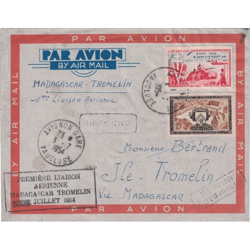 MADAGASCAR - LETTRE D'AVIGNON A DESTINATION DE TROMELIN - 1ER LIAISON AERIENNE MADAGASCAR TROMELIN ET RETOUR.