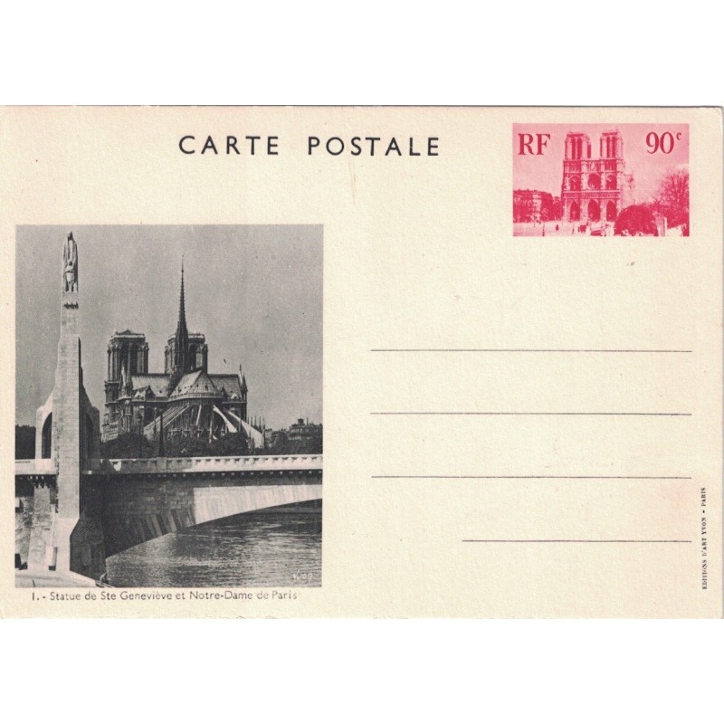 PARIS - ENTIER POSTAL NEUF - STATUE DE STE GENEVIEVE ET NOTRE DAME - COTE 23€ - NOIR SUR CARTON BLANC.