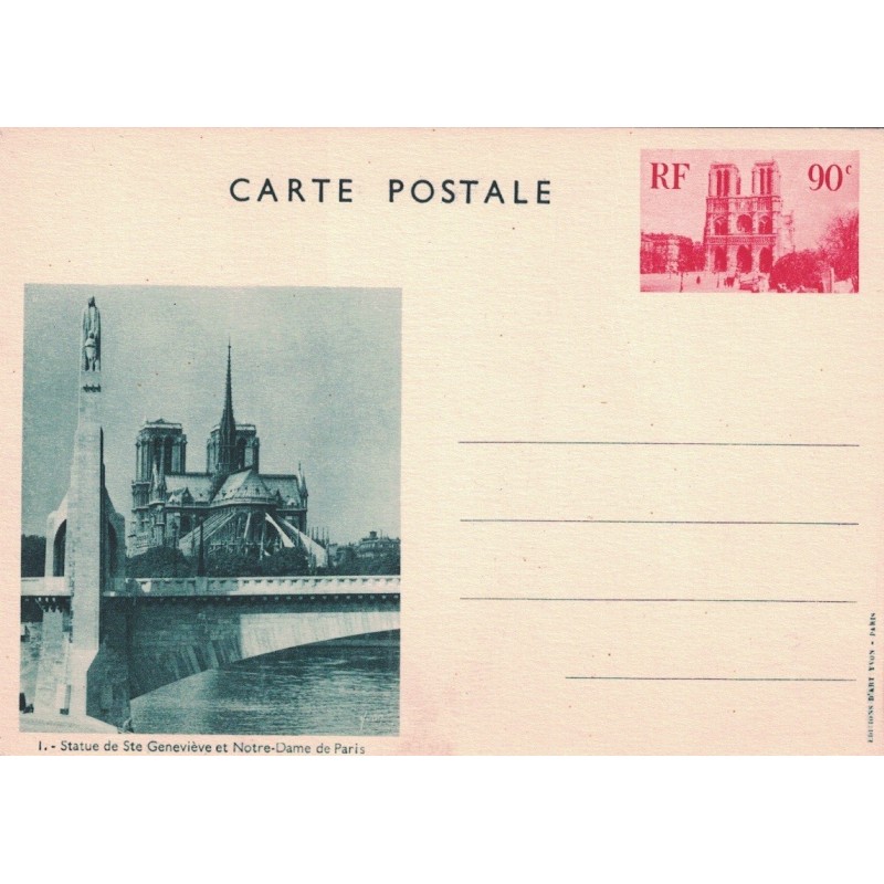 PARIS - ENTIER POSTAL NEUF - STATUE DE STE GENEVIEVE ET NOTRE DAME - COTE 23€ - VERT SUR CARTON BLANC..