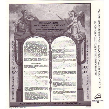 BLOC FEUILLET No0011b - BICENTENAIRE DE LA DECLARATION DES DROITS DE L'HOMME - EN NOIR - COTE 150€.