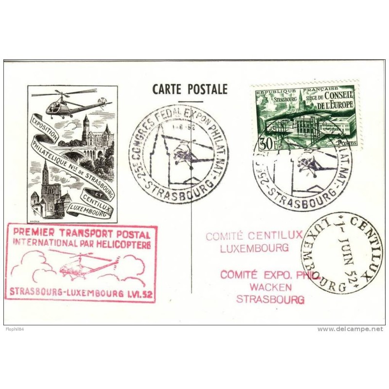HELICOPTERE-1ER TRANSPORT INTERNATIONAL PAR HELICO - STRASBOURG LUXEMBOURG 1 JUIN 1952
