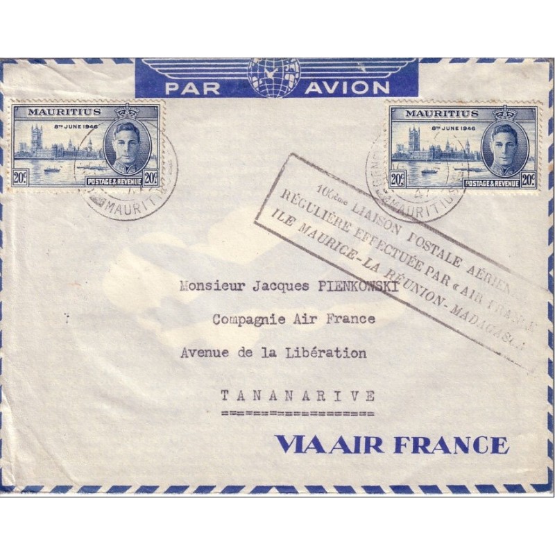 MAURICE - 100e LIAISON POSTALE AERIENNE REGULIERE PAR AIR FRANCE - ILE-MAURICE - LA REUNION - MADAGASCAR LE 1-4-1947.