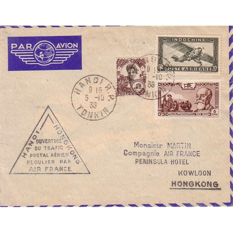 INDOCHINE - HANOI - 5-10-1938 - OUVERTURE DU TRAFFIC POSTAL AERIEN REGULIER PAR AIR FRANCE - HANOI-HONGKONG