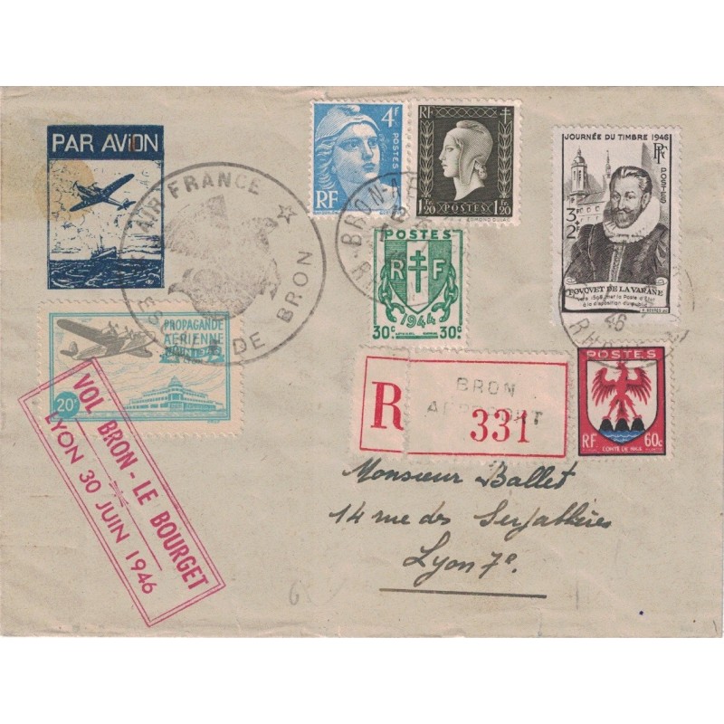 RHONE - BRON AEROPORT - LETTRE RECOMMANDEE - ENVELOPPE SPECIALE AVEC VIGNETTE - CACHET AIR FRANCE ESCALE DE BRON.