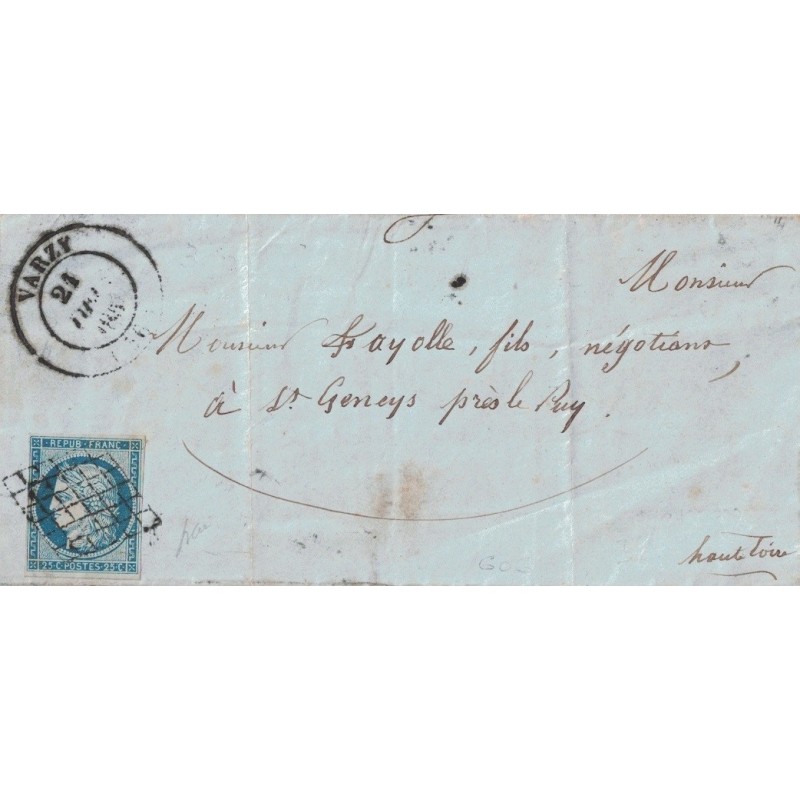 NIEVRE - VARSY - 25c CERES - OBLITERATION GRILLE - 21 DECEMBRE 1851
