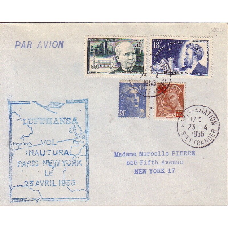 PARIS - AVIATION - VOL INAUGURAL PARIS NEW-YORK LE 23-4-1956 - VIA LUFTHANSA.