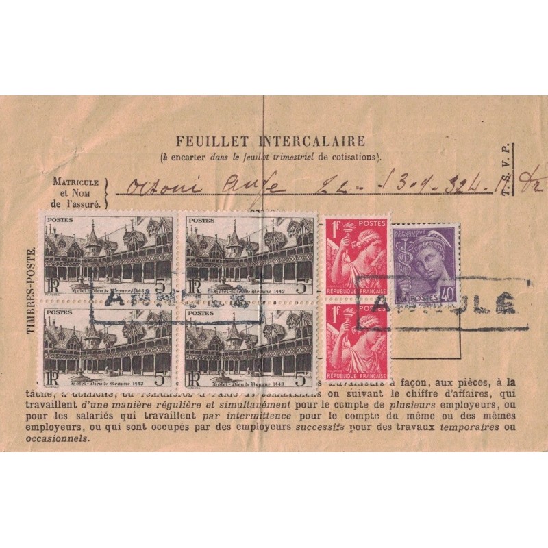 FEUILLET POSTAL DE COTISATION DE RETRAITE OUVRIERE - RARE DOCUMENT - AVEC IRIS-MERCURE-BLOC BEAUMES..