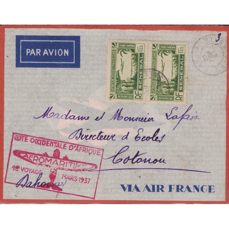 SENEGAL - 1ER VOYAGE AEROMARITIME - DAKAR-COTONOU DAHOMEY - LE 1 MARS 1937 - PLUS RARE EN ROUGE.