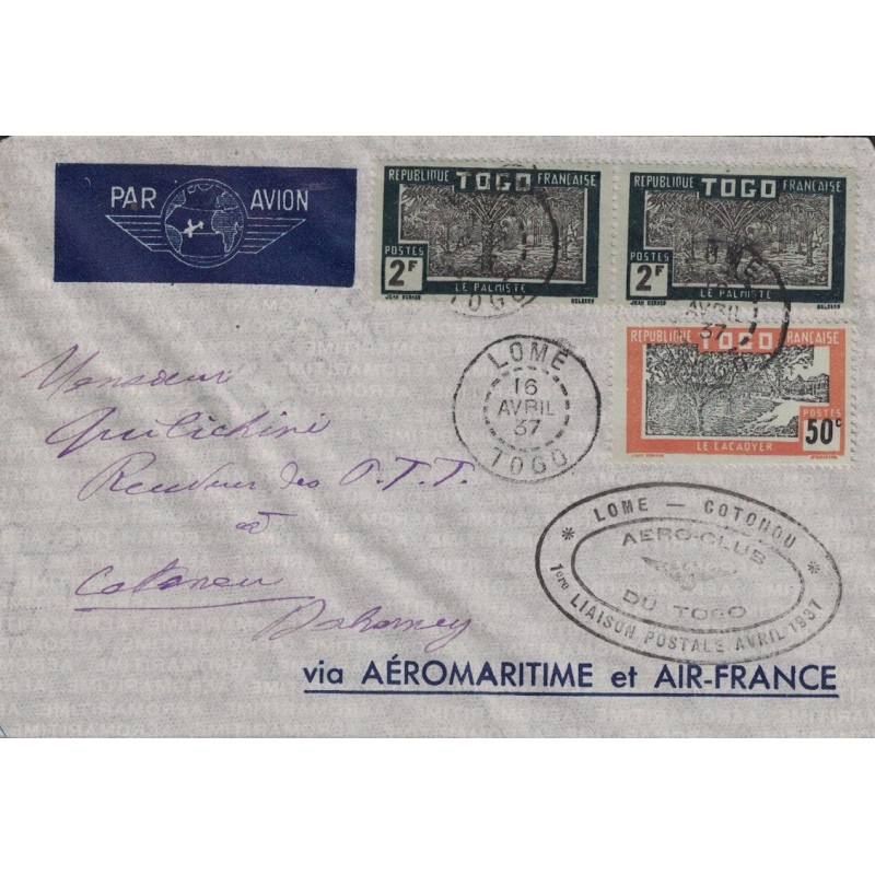 TOGO - LOME-COTONOU - 1ER LIAISON POSTALE AVRIL 1937.