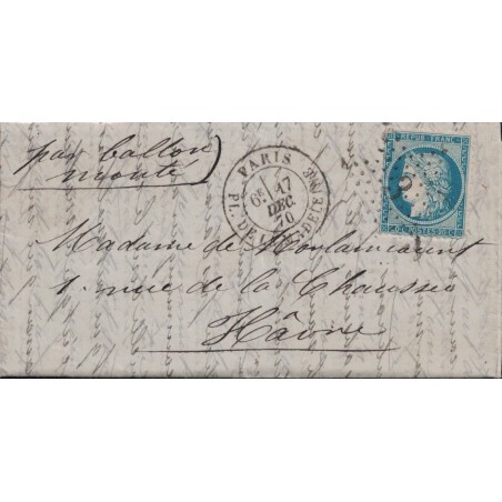 BALLON MONTE - LE LAVOISIER - SIEGE DE PARIS - No037 SUR LETTRE DE PARIS 17 DECEMBRE 1870.-