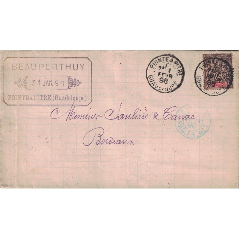 GUADELOUPE - POINTE A PITRE - 1 FEVRIER 1896 - 25c GROUPE SEUL SUR LETTRE POUR BORDEAUX.