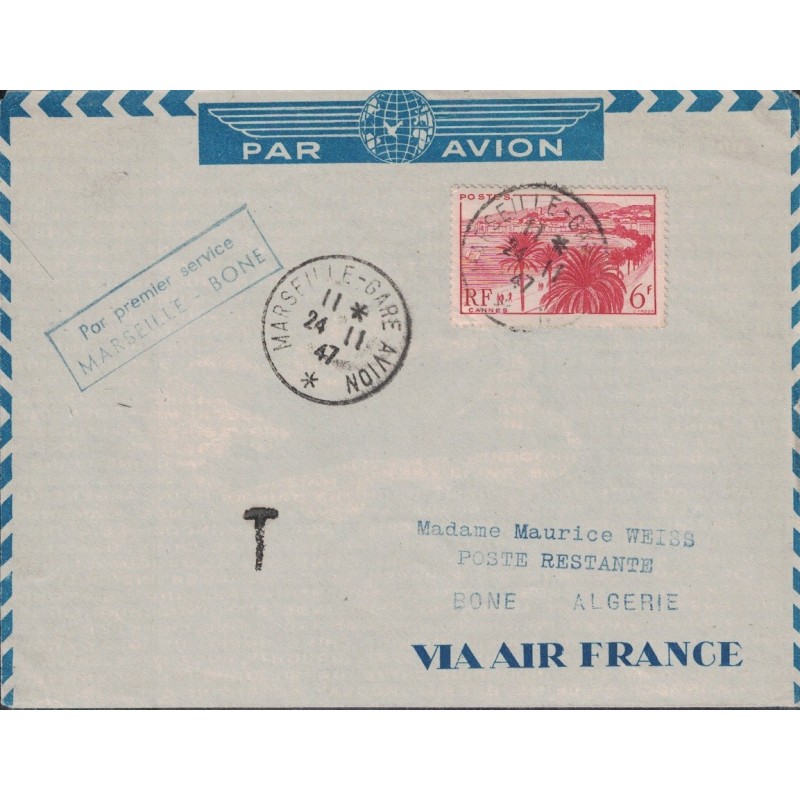 BOUCHES DU RHONE - MARSEILLE GARE AVION - PAR 1er SERVICE MARSEILLE - BONE - LE 24-11-1947.
