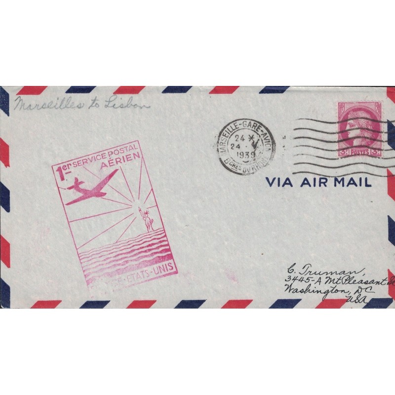 BOUCHES DU RHONE - MARSEILLE GARE AVION - 1er SERVICE POSTAL FRANCE ETATS-UNIS -24-5-1939.