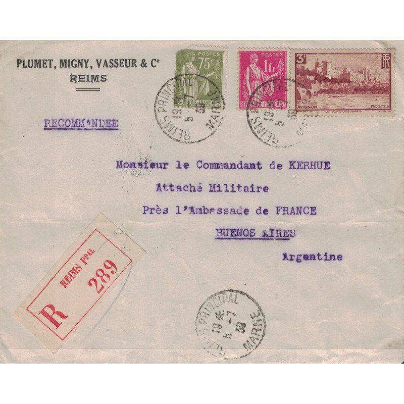MARNE - REIMS PRINCIPAL - LETTRE RECOMMANDEE POUR BUENOS AIRES ARGENTINE - 5-7-1939 - BEL AFFRANCHISSEMENT.