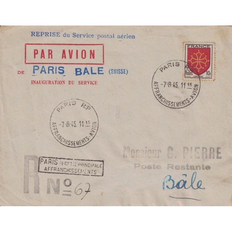 PARIS - AFFRANCHISSEMENTS-AVION - LETTRE POUR BALE SUISSE - REPRISE DU SERVICE AERIEN LE 7-8-1945.