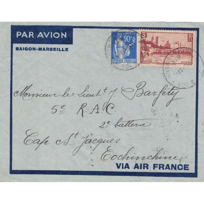 PARIS - AFFRANCHISSEMENTS - ENVELOPPE AVION SAIGON-MARSEILLE VIA AIR FRANCE - LETTRE POUR CAP-ST JACQUES COCHINCHINE.