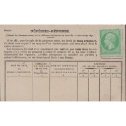 DEPECHE-REPONSE - AFFRANCHISSEMENT No20 - DESTINEE AU REPONSE PAR PIGEONS POUR PARIS.