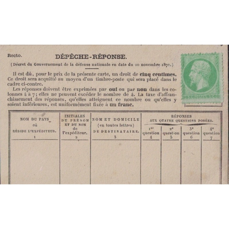 DEPECHE-REPONSE - AFFRANCHISSEMENT No20 - DESTINEE AU REPONSE PAR PIGEONS POUR PARIS. DEPECHE-REPONSE - AFFRANCHISSEMENT No20 - DESTINEE AU REPONSE PAR PIGEONS POUR PARIS.