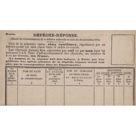 DEPECHE-REPONSE - NEUVE - DESTINEE AU REPONSE PAR PIGEONS POUR PARIS.