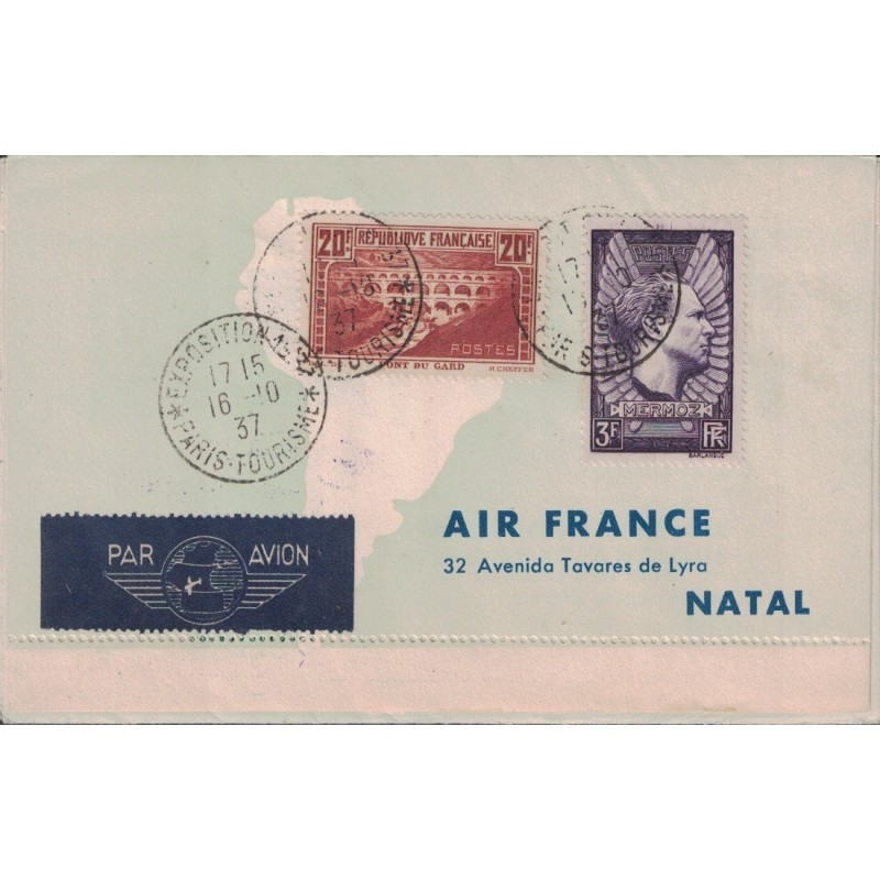 POSTE AERIENNE - PARIS - NATAL - NEW-YORK - HONGKONG - AFFRANCHISSEMENT AVEC 20F PONT DU GARD.