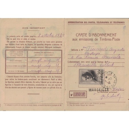 BOUCHES DU RHONE - MARSEILLE - PETAIN - 50F  SUR CARTE D'ABONNEMENT AUX TIMBRES POSTES.