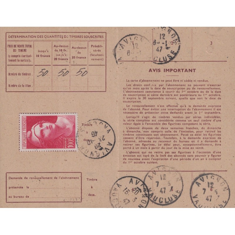 VAUCLUSE - AVIGNON - GANDON - 100F SEUL SUR CARTE D'ABONNEMENT AUX TIMBRES POSTE.