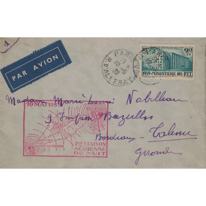 PARIS - LETTRE AVION - No 424 SEUL - 1er LIAISON DE NUIT - LE 10 MAI 1939.