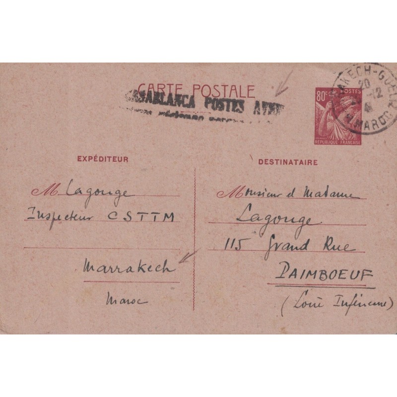 IRIS - ENTIER POSTAL 80c - MARRAKECH-GUELIZ - GRIFFE CASABLANCA POSTES AERIENNE - NOEL 1941.