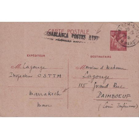 IRIS - ENTIER POSTAL 80c - MARRAKECH-GUELIZ - GRIFFE CASABLANCA POSTES AERIENNE - NOEL 1941.