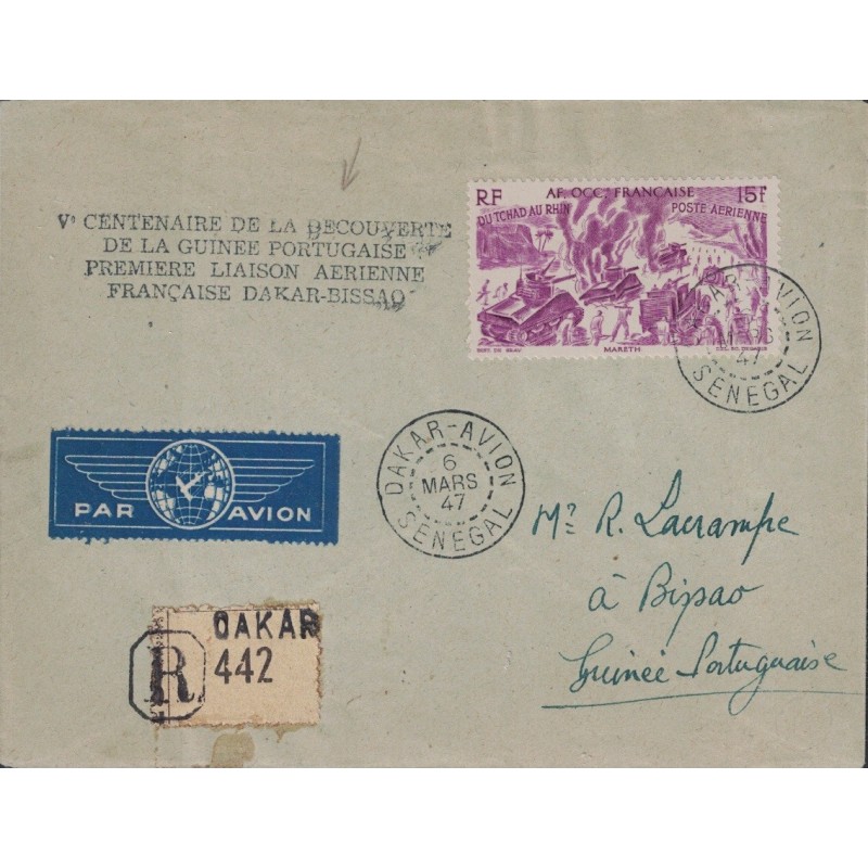 SENEGAL - DAKAR-AVION - LETTRE AVION RECOMMANDEE - 1er LIAISON AERIENNE FRANCAISE DAKAR-BISSAO.
