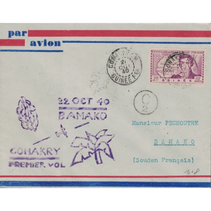 GUINEE FRANCAISE - CONAKRY RP - LETTRE AVION POUR LE SOUDAN - GRIFFE ILLUSTREE CONAKRY-BAMAKO 22-10-1940.