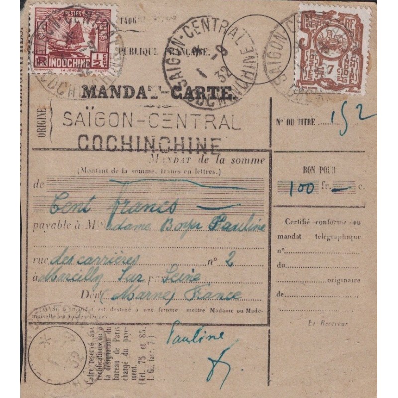 COCHINCHINE - SAIGON CENTRAL - MANDAT CARTE - 1-9-1932.