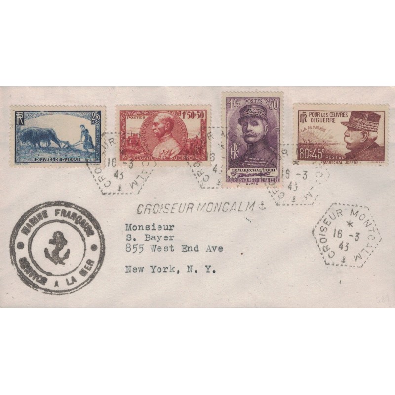 CROISEUR MONTCALM - 16-3-1943 - MARINE FRANCAISE - SUPERBE AFFRANCHISSEMENT - GRIFFE LINEAIRE DU CROISEUR.