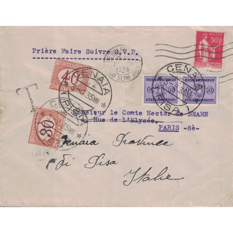 SEINE - BOULOGNE BILLANCOURT - LETTRE AVEC TYPE PAIX POUR LE Cte DE BEARN EN ITALIE - TAXE EN ARRIVEE - SUPERBE.