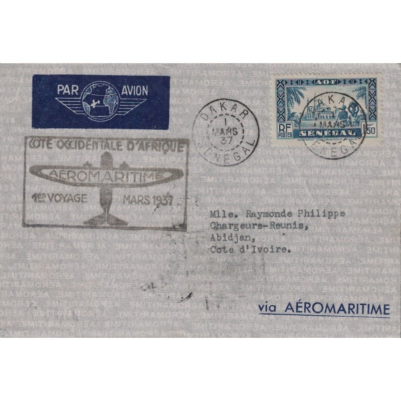 SENEGAL - 1ER VOYAGE AEROMARITIME - DAKAR - COTE D'IVOIRE LE 1 MARS 1937.