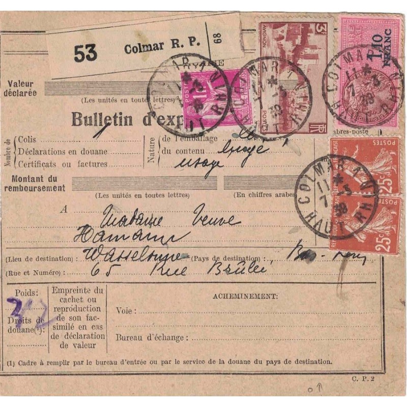 HAUT-RHIN - COLMAR - BULLETIN D'EXPEDITION - BEL AFFRANCHISSEMENT DU 7-3-1939.