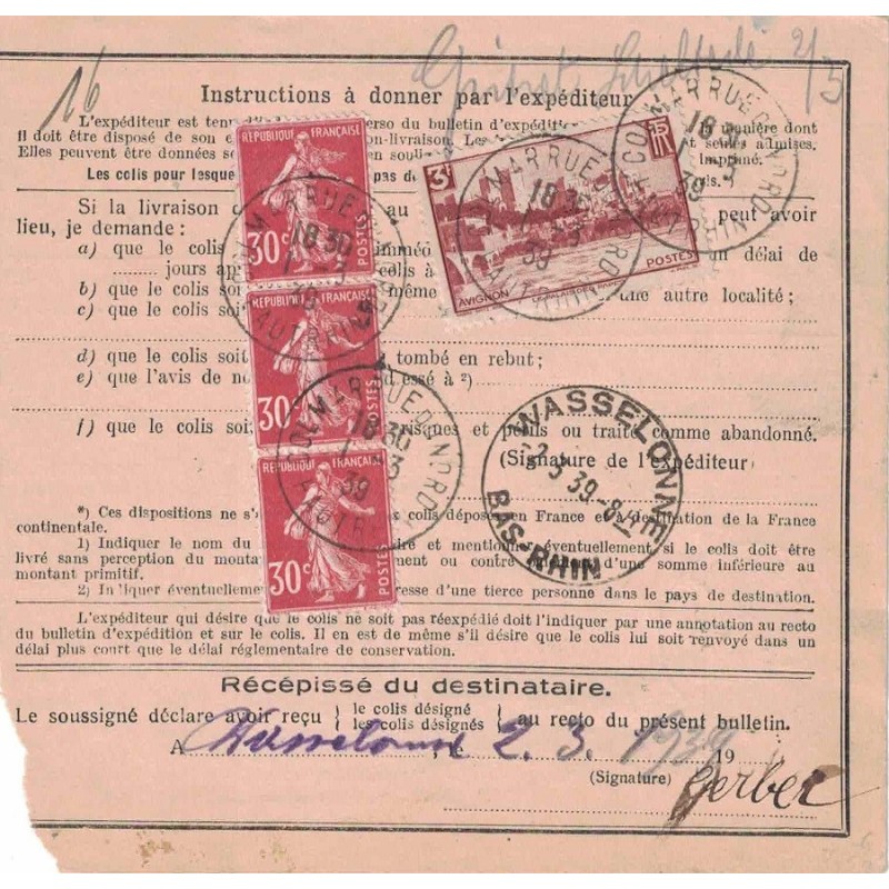 HAUT-RHIN - COLMAR - BULLETIN D'EXPEDITION - BEL AFFRANCHISSEMENT DU 1-3-1939.