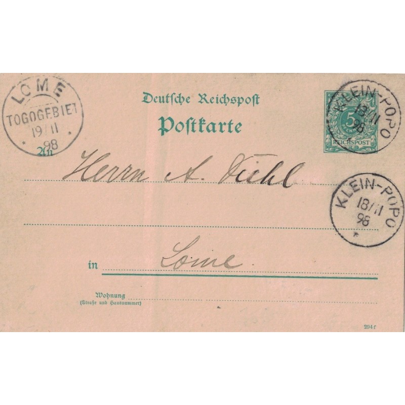 TOGO ALLEMAND - KLEIN-POPO - 18-11-1898 - ENTIER POSTAL.