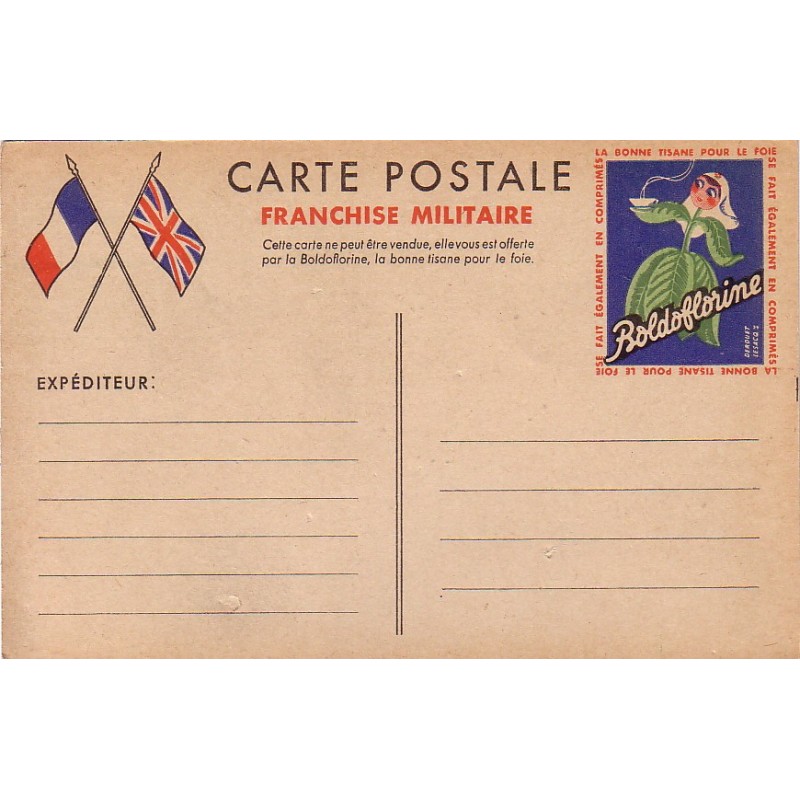 CARTE POSTALE EN FRANCHISE MILITAIRE AVEC PUB TISANE BOLOFLORINE