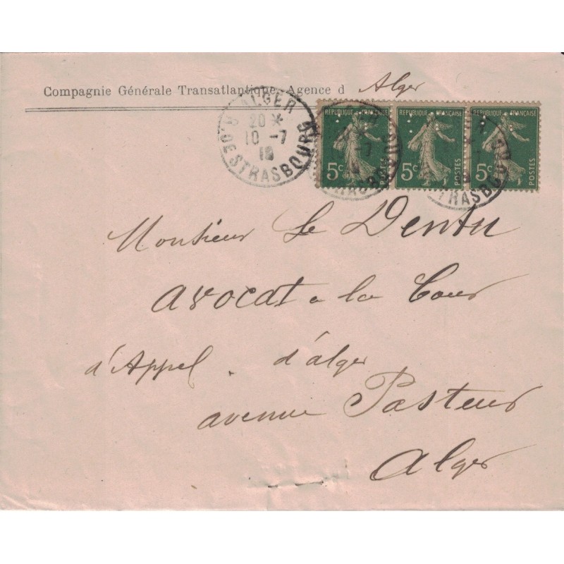 ALGERIE - ALGER R.DE STRASBOURG - SEMEUSE BANDE DE 3 PERFORATION DE LA Cie GENERALE TRANSATLANTIQUE.